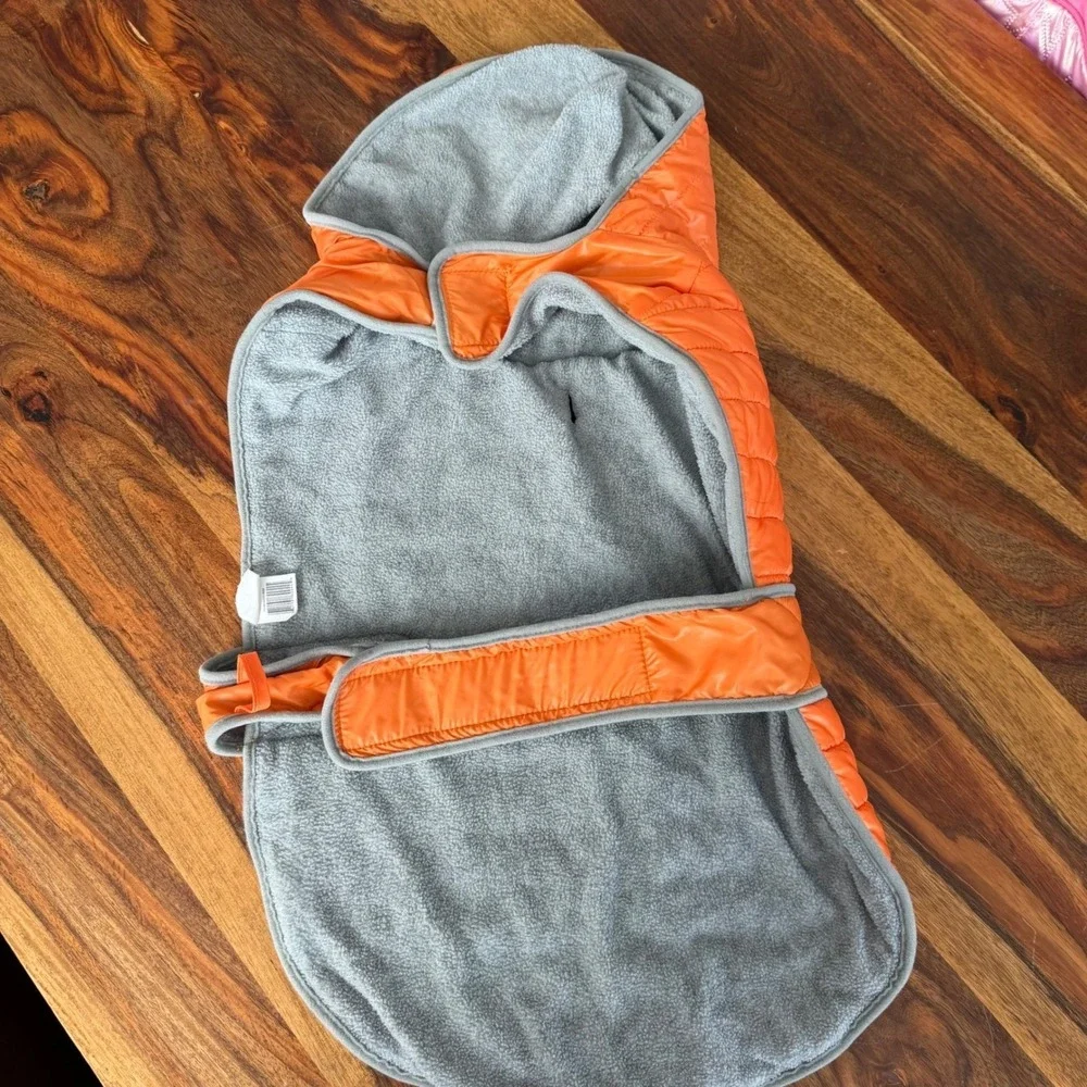 Bright Orange Quilted Puffer Dog Coat with Hood Adjustable High Vis‎ Safety